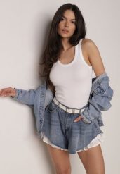 Niebieskie Bawełniane Szorty Jeansowe z Falbanami Demite. Niebieskie szorty damskie Born2be, bez wzorów, z bawełny. Za 129.99 zł.