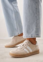 Beżowe Sneakersy ze Skóry Naturalnej w Stylu Tenisówek z Paskami Arethephila. Brązowe obuwie sportowe damskie Born2be, z dresówki, bez zapięcia, tenisowe. Za 229.99 zł.