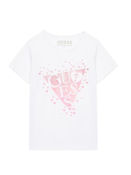 Guess T-Shirt K6RI00 K6YW4 Biały Regular Fit. Białe koszulki i t-shirty dziewczęce Guess, z aplikacjami, z bawełny, bez kołnierzyka, bez ramiączek. Za 89.99 zł.
