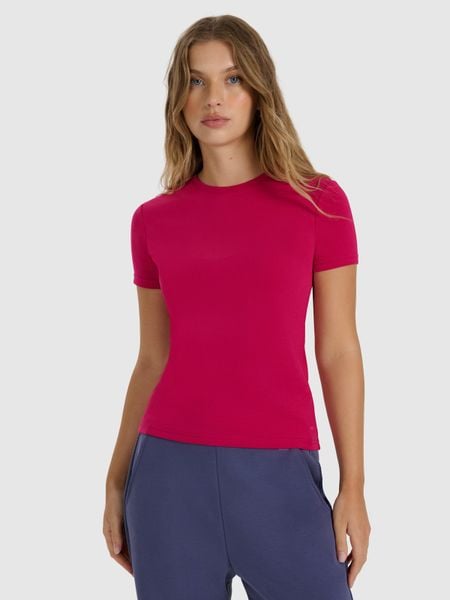 4F T-shirt z prążkowanej dzianiny z modalem damski - różowy S. Czerwone t-shirty damskie 4F, s, bez wzorów, z dzianiny, bez kołnierzyka. W wyprzedaży za 69.99 zł.