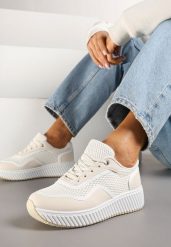 Beżowo-Białe Sneakersy na Tłoczonej Platformie Wilaria. Brązowe obuwie sportowe damskie Renee, z jeansu, bez zapięcia. Za 79.99 zł.