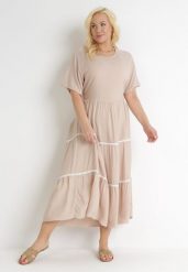 Beżowa Rozkloszowana Sukienka Maxi Wiązana z Tyłu Zathia. Brązowe sukienki damskie Born2be, w ażurowe wzory, z materiału, bez ramiączek. Za 74.99 zł.