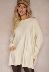 Jasnobeżowy Sweter z Wiskozą o Klasycznym Fasonie z Kieszonkami i Rozcięciami Nariselle. Brązowe swetry klasyczne damskie Renee, xl, z dzianiny, bez kołnierzyka. Za 59.99 zł.