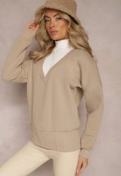 Beżowa Bawełniana Bluza z Trójkątnym Dekoltem Hydralia. Brązowe bluzy damskie Renee, bez wzorów, z bawełny, bez kaptura. Za 84.99 zł.