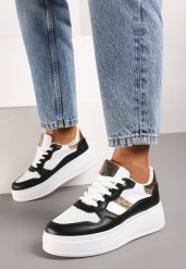 Czarno-Białe Sneakersy z Ekoskóry za Kostkę ze Sznurowaniami Zdobione Perforacją Raviana. Czarne obuwie sportowe damskie Renee, z materiału, za kostkę, bez zapięcia. Za 74.99 zł.