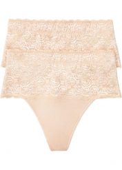 Stringi średnio modelujące sylwetkę (2 pary). Brązowe stringi bonprix, bez wzorów, z koronki. Za 89.99 zł.