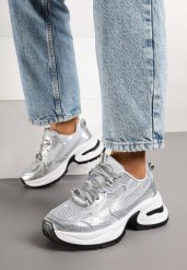 Srebrne Sneakersy Streetwearowe na Grubej Podeszwie Zdobione Brokatem Felanwea. Szare obuwie sportowe damskie Born2be, z jeansu, bez zapięcia. Za 109.99 zł.