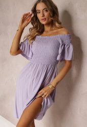 Fioletowa Sukienka Hiszpanka Mini z Wiskozy Folna. Fioletowe sukienki damskie Renee, bez wzorów, z wiskozy, bez ramiączek. W wyprzedaży za 47.99 zł.