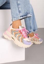 Beżowo-Fioletowe Sznurowane Sneakersy na Platformie Ozdobione Brokatem Ewla. Brązowe obuwie sportowe damskie Renee, z materiału, bez zapięcia. Za 109.99 zł.