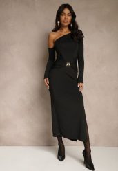 Czarna Sukienka z Wiskozą Aplikacją Marszczeniem i Wywiniętym Dekoltem Reilenna. Czarne sukienki damskie Renee, z aplikacjami, z wiskozy, wizytowe, bez ramiączek. Za 159.99 zł.