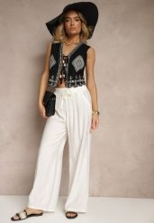 Białe Szerokie Spodnie High Waist z Wiskozy z Gumką w Talii Lannalie. Białe spodnie materiałowe damskie Renee, bez wzorów, z jeansu. Za 54.99 zł.