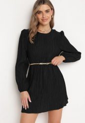 Czarna Rozkloszowana Sukienka z Gumką w Pasie i Długim Rękawem Biasha. Czarne sukienki damskie Born2be, bez wzorów, eleganckie, bez ramiączek. W wyprzedaży za 93.49 zł.