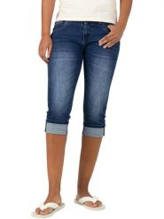 Timezone Rybaczki dżinsowe "Tali" w kolorze granatowym rozmiar: W26. Niebieskie spodnie materiałowe damskie Timezone, z aplikacjami, z materiału. Za 182.72 zł.