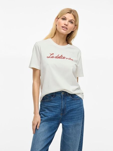 Vila Koszulka w kolorze białym rozmiar: L. Białe bluzki damskie Vila, l, bez wzorów, z bawełny, bez kołnierzyka, bez ramiączek. Za 52.42 zł.