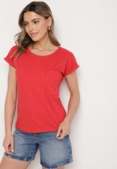 Czerwony T-shirt z Bawełny Ozdobiony Kieszonką Ziarene. Czerwone koszulki sportowe damskie Born2be, l, bez wzorów, z bawełny, bez ramiączek. Za 29.99 zł.