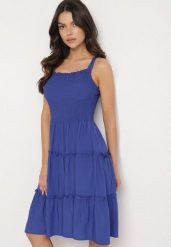 Granatowa Rozkloszowana Sukienka z Wiskozą na Wiązanych Ramiączkach Aralisse. Niebieskie sukienki damskie Born2be, bez wzorów, z wiskozy, klasyczne, bez ramiączek. Za 39.99 zł.