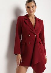 Bordowa Taliowana Sukienka o Kroju Marynarki z Mini Trenem Besista. Czerwone sukienki damskie Born2be, z aplikacjami, eleganckie, bez ramiączek. W wyprzedaży za 127.49 zł.