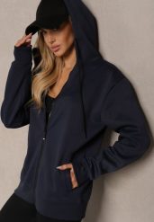 Granatowa Zasuwana Bluza Sportowo-Casualowa z Kapturem Vamisza. Niebieskie bluzy damskie Renee, l, bez wzorów, z jeansu, z kapturem. Za 69.99 zł.