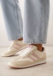 Beżowe Sneakersy z Geometrycznym Motywem Jannata. Brązowe obuwie sportowe damskie Born2be, z dresówki, bez zapięcia. Za 99.99 zł.