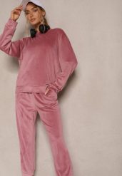 Ciemnoróżowy Komplet Dresowy z Welurowej Tkaniny Bluza i Joggery Lisarilia. Czerwone bluzy damskie Renee, l, bez wzorów, z dresówki, bez kaptura. Za 79.99 zł.