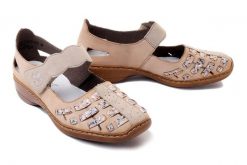 RIEKER 41369-60 beige, półbuty letnie damskie. Brązowe półbuty damskie Rieker, na lato, bez wzorów, bez obcasa, na koturnie, bez zapięcia. Za 185.94 zł.