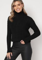 Czarny Golf w Warkoczykowy Splot Ibuza. Czarne golfy damskie Born2be, m, z aplikacjami, ze splotem, bez ramiączek. Za 74.99 zł.