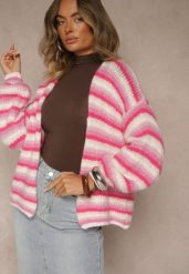 Fuksjowy Kardigan z Wełną i Wiskozą z Motywem Pasków Felorie. Czerwone kardigany damskie Renee, s, bez wzorów, z jeansu. Za 149.99 zł.
