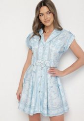 Niebieska Wiskozowa Sukienka o Koszulowym Kroju z Paskiem z Klamrą Nitariela. Niebieskie sukienki damskie Born2be, bez wzorów, z wiskozy, eleganckie, bez ramiączek. W wyprzedaży za 203.99 zł.
