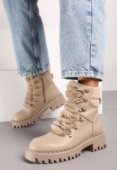 Ciemnobeżowe Trapery w Casualowym Stylu z Futerkowym Zdobieniem na Języku Taniapea. Brązowe trapery damskie Renee, z jeansu, bez zapięcia. Za 119.99 zł.