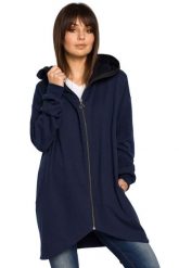 Asymetryczna Bluza z Kapturem - Granatowa. Brązowe bluzy damskie MOE, l, bez wzorów, z bawełny, z kapturem. Za 269.90 zł.