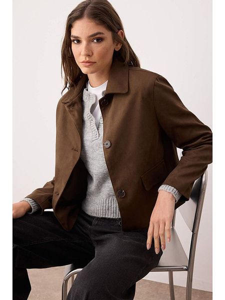 Trendyol Kurtka koszulowa w kolorze ciemnobrązowym rozmiar: L. Brązowe kurtki damskie Trendyol, l, bez wzorów, bez kaptura. Za 122.38 zł.