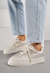 Beżowe Sneakersy na Grubej Podeszwie z Cyrkoniami Catith. Brązowe obuwie sportowe damskie Born2be, z jeansu, bez zapięcia. Za 109.99 zł.