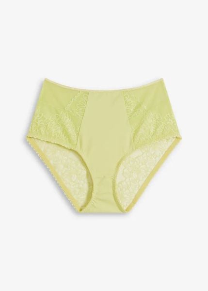 Figi z wysoką talią z delikatną koronką. Zielone figi bonprix, bez wzorów, z koronki. Za 54.99 zł.