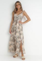 Beżowa Sukienka Widforss. Brązowe sukienki damskie Born2be, z aplikacjami, eleganckie, bez ramiączek. Za 149.99 zł.