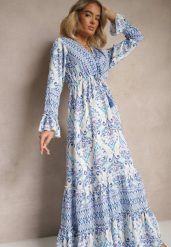 Niebieska Sukienka z Wiskozą o Rozkloszowanym Kroju z Falbanami w Etniczny Print Korimira. Niebieskie sukienki damskie Renee, bez wzorów, z wiskozy, eleganckie, bez ramiączek. W wyprzedaży za 111.99 zł.