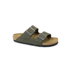 Klapki damskie Birkenstock 1027039. Zielone klapki damskie Birkenstock, bez wzorów, z materiału, bez obcasa, bez zapięcia. Za 779.99 zł.