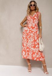 Pomarańczowa Wiskozowa Kwiatowa Sukienka Wykończona Gumką w Pasie o Rozkloszowanym Kroju Keranea. Brązowe sukienki damskie Renee, bez wzorów, z wiskozy, eleganckie, bez ramiączek. W wyprzedaży za 55.99 zł.