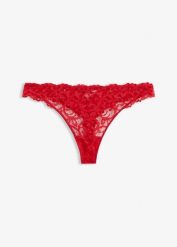 Stringi mini z miękkiej koronki. Czerwone stringi bonprix, bez wzorów, z koronki. Za 47.99 zł.
