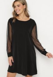 Czarna Trapezowa Sukienka z Transparentnymi Rękawami i Wycięciem na Plecach Sannara. Czarne sukienki damskie Born2be, bez wzorów, z jeansu, eleganckie, bez ramiączek. W wyprzedaży za 84.99 zł.