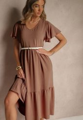 Brązowa Rozkloszowana Sukienka z Wiskozą w Casualowym Stylu Filarenna. Brązowe sukienki damskie Renee, bez wzorów, z wiskozy, eleganckie, bez ramiączek. W wyprzedaży za 63.99 zł.