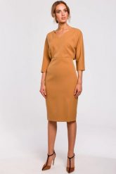 Sukienka elegancka ołówkowa zbluzowana góra i dekolt V brązowa. Brązowe sukienki damskie Sukienki.shop, bez wzorów, biznesowe, bez ramiączek. Za 229.00 zł.