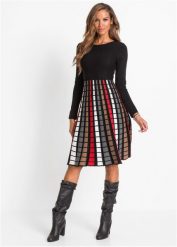 Sukienka dzianinowa w kratę. Czarne sukienki damskie bonprix, bez wzorów, z dzianiny, bez ramiączek. Za 137.99 zł.