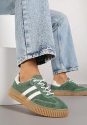 Zielone Zamszowe Sneakersy w Stylu Kultowych Tenisówek ze Skórzaną Wkładką Tenannia. Zielone obuwie sportowe damskie Renee, z materiału, bez zapięcia, tenisowe. Za 189.99 zł.
