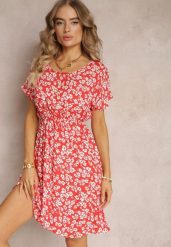 Czerwona Wiskozowa Mini Sukienka w Kwiatowy Print z Gumką w Pasie Frolia. Czerwone sukienki damskie Renee, bez wzorów, z wiskozy, bez ramiączek. W wyprzedaży za 26.99 zł.
