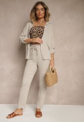 Beżowy Muślinowy Komplet z Bawełny Spodnie i Koszula z Regulowanymi Rękawami Janalise. Brązowe koszule damskie Renee, bez wzorów, z bawełny, eleganckie, bez kołnierzyka, bez ramiączek. Za 129.99 zł.