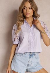 Fioletowa Koszula z Ozdobnym Kołnierzem i Rękawami z Koronkowymi Wstawkami Brixta. Fioletowe koszule damskie Renee, m, bez wzorów, z jeansu, eleganckie, bez kołnierzyka, bez ramiączek. Za 109.99 zł.