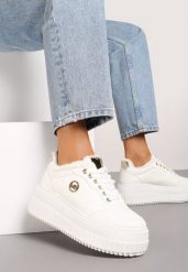 Białe Sneakersy na Platformie z Tłoczeniem Ozdobione Sznurowaniem i Metaliczną Aplikacją Tiliel. Białe obuwie sportowe damskie Renee, z jeansu, bez zapięcia. Za 119.99 zł.