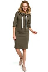Khaki Sportowa Sukienka z Wywijanym Kołnierzem z Troczkami. Brązowe sukienki damskie MOE, bez wzorów, z bawełny, sportowe, bez ramiączek. Za 283.90 zł.