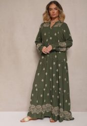 Ciemnozielona Rozkloszowana Sukienka Ozdobiona Haftem i Wzorem Boho Ronavere. Zielone sukienki damskie Renee, bez wzorów, boho, bez ramiączek. W wyprzedaży za 151.99 zł.