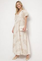 Beżowa Wiskozowa Sukienka z Metalicznymi Haftami Helvesia. Brązowe sukienki damskie Born2be, bez wzorów, z wiskozy, eleganckie, bez ramiączek. Za 139.99 zł.